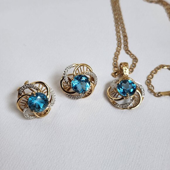 [SOLD] 80's 14K White & Yellow Gold Natural Blue Topaz Hinged Bail Pendant - Picture 13 of 15